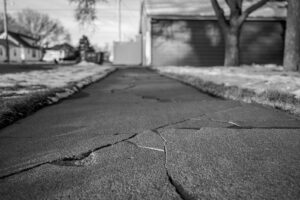 Cracks in a residential concrete sidewalk