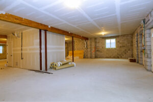 Unfinished interior of a basement 